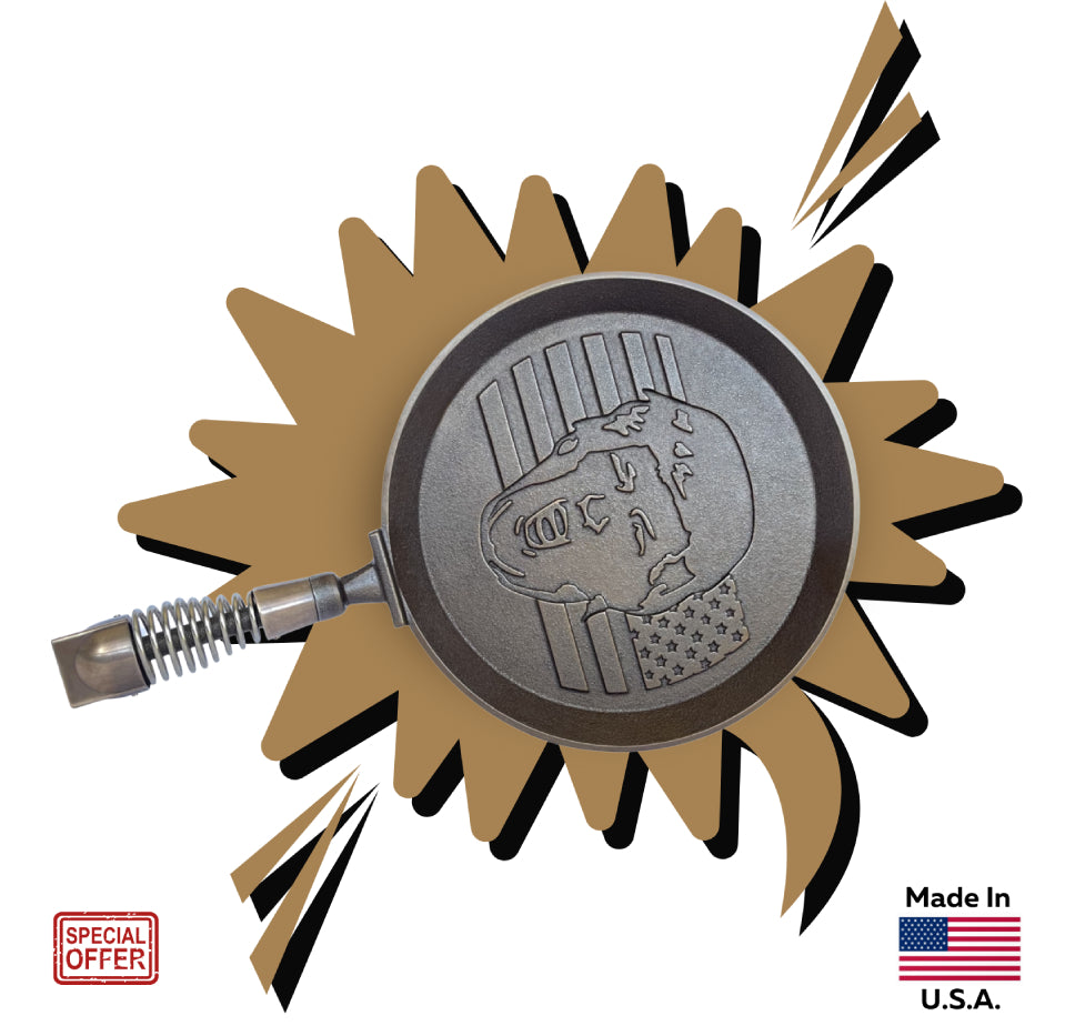 MAGA PANCAKES' limited edition hand-finished cast iron pancake skillet, MAGAPAN, with spring handle, and MAGA hardware hand-finished and cast in high-quality Bronze. Skillet is emblazoned with President Trump over an American flag.